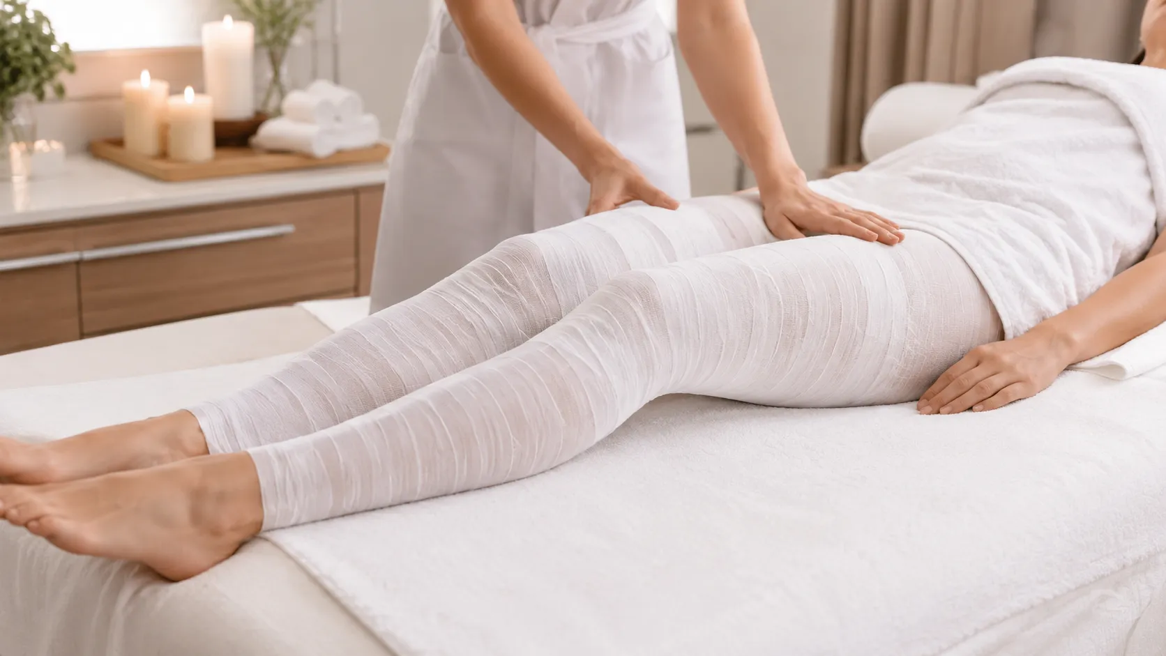 A therapist smoothing a body wrap over the legs