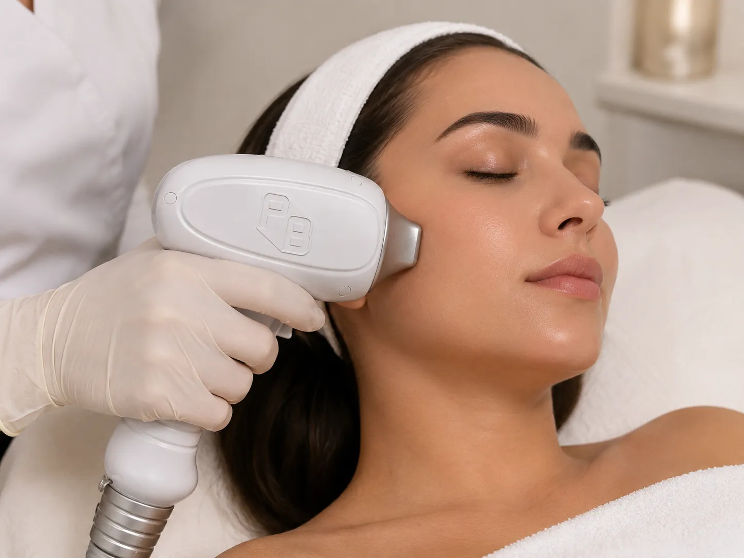 Laser hair removal handpiece applied to the cheek