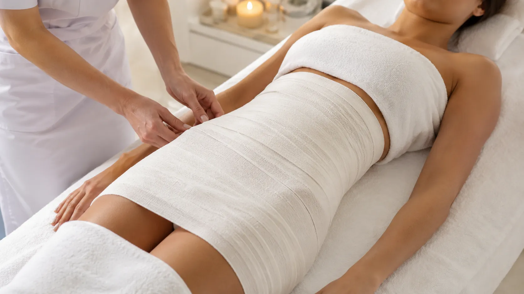 A full body wrap being applied on a treatment couch