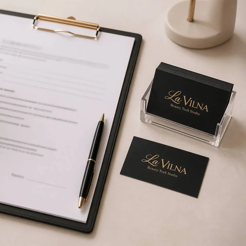A consultation form on a clipboard beside La Vilna business cards
