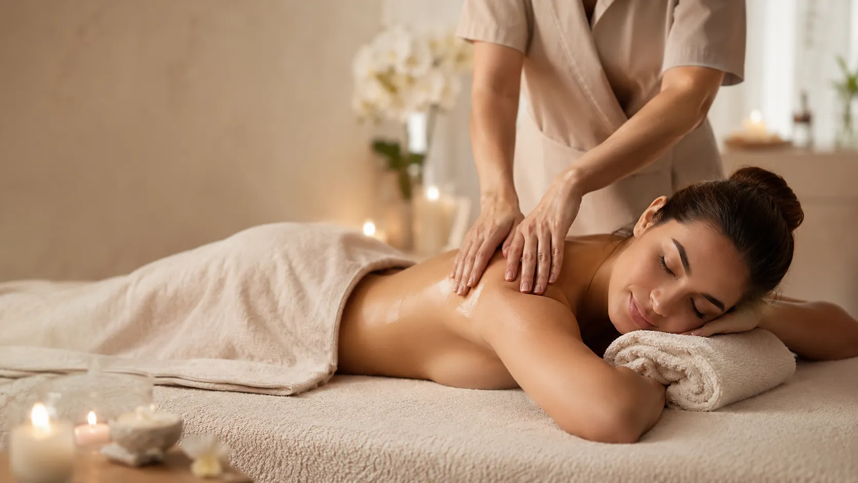 Deep tissue massage worked into the upper back by candlelight