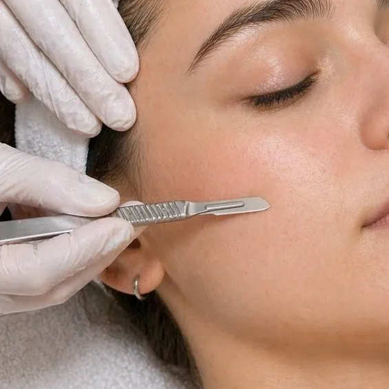 A dermaplaning blade drawn across the cheek