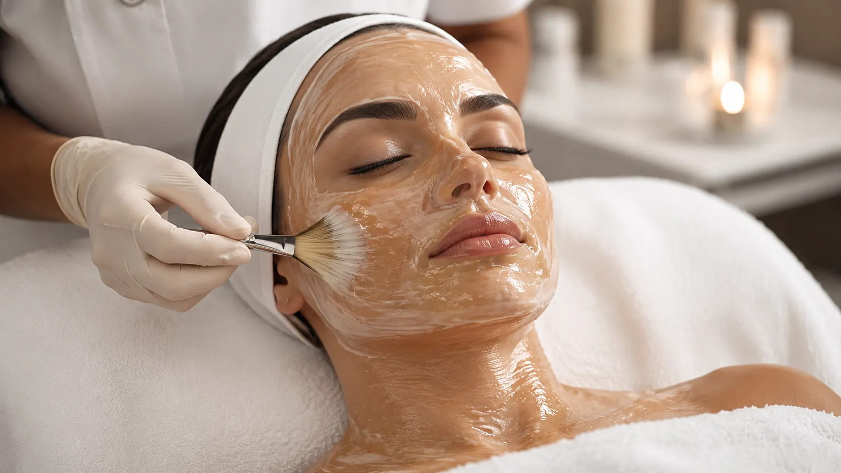 A cream enzyme mask being brushed onto the face during a DMK protocol