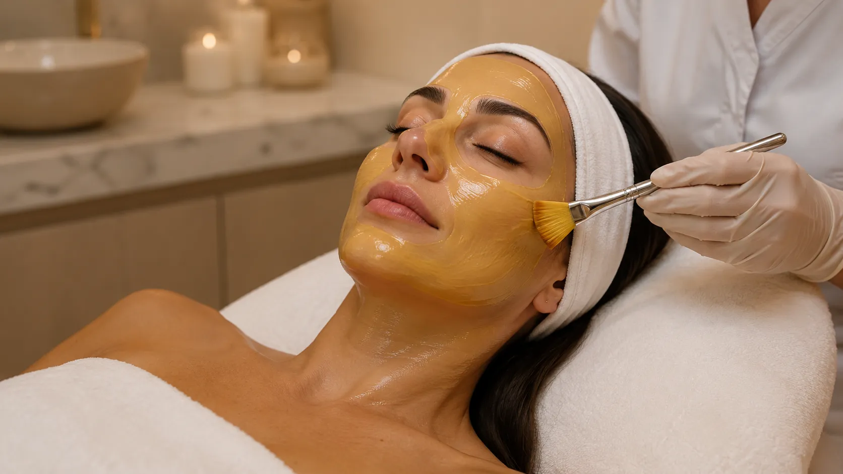 A golden enzyme mask being brushed onto the face during a DMK protocol