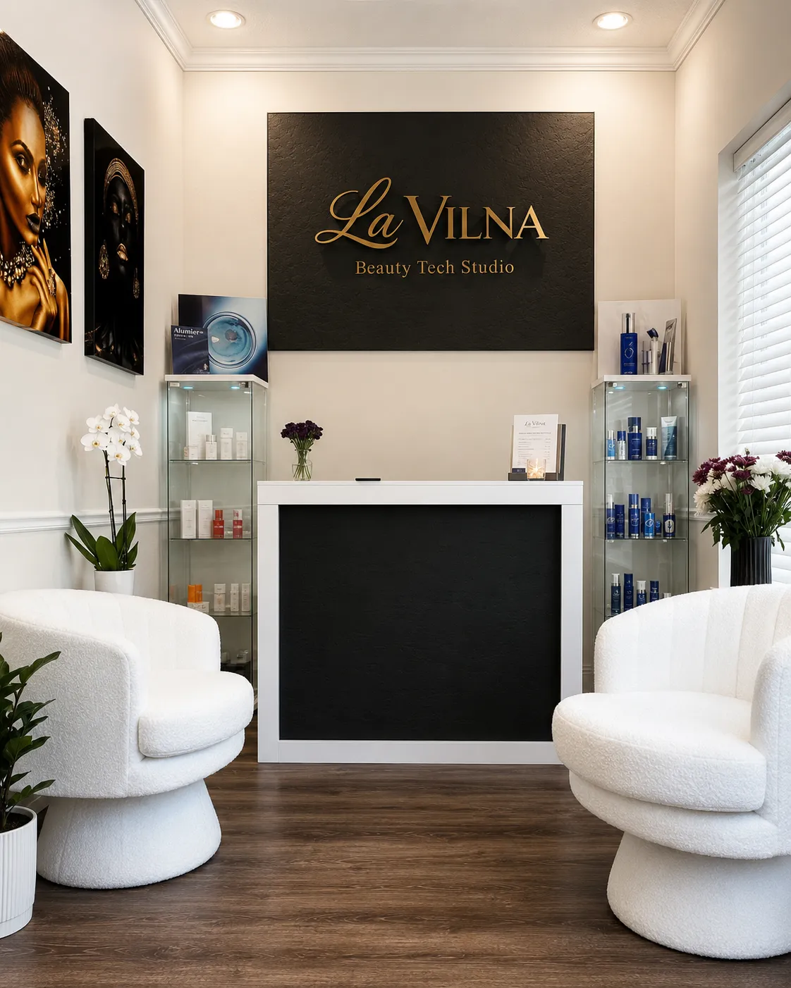 La Vilna Beauty Tech Studio reception with brand signage and white seating