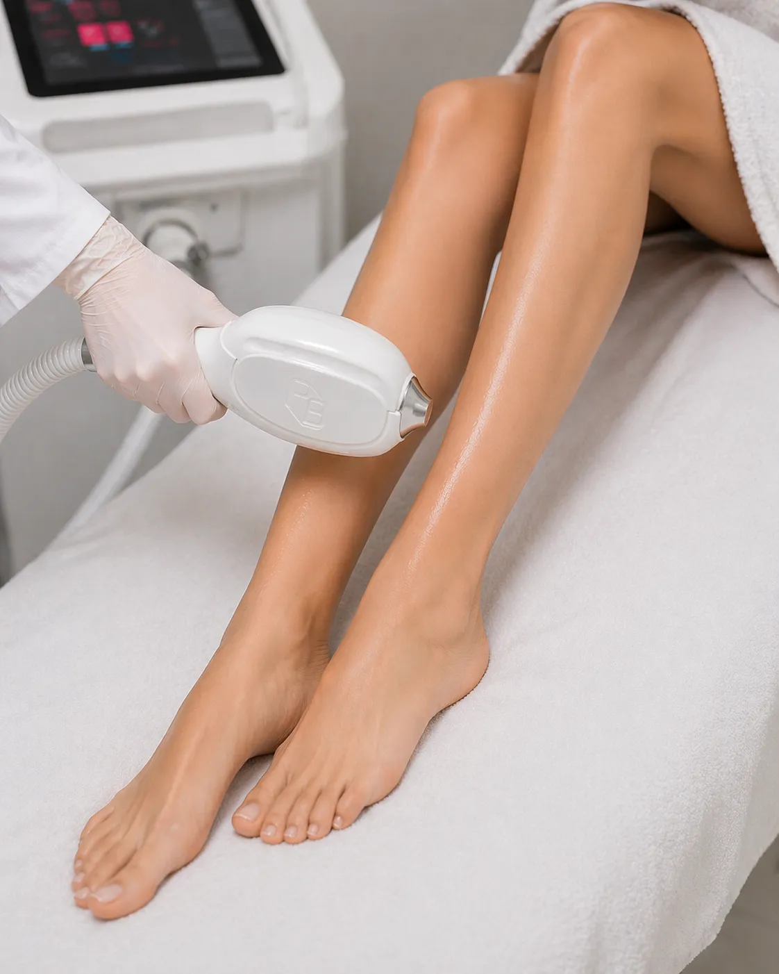 Laser hair removal handpiece applied along the legs on a treatment couch