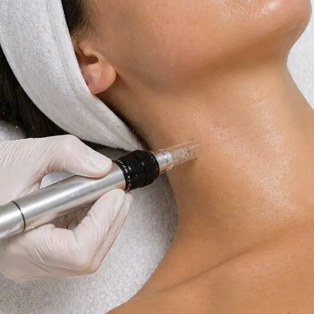 A microneedling pen worked along the side of the neck