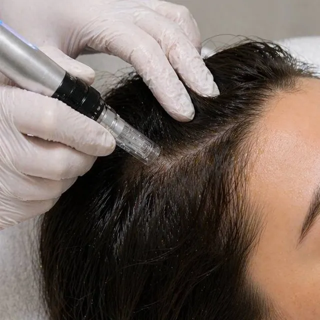 A microneedling pen worked through the hair along the scalp