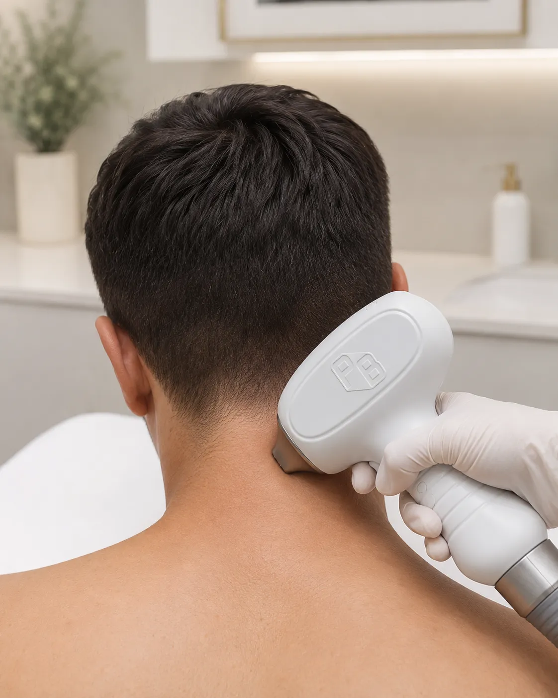 Laser hair removal handpiece applied to the back of a man's neck