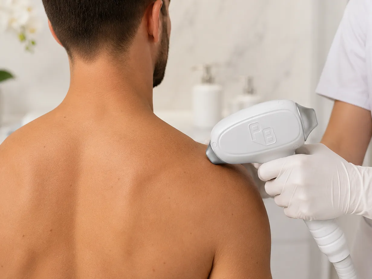 Laser hair removal handpiece applied to a man's shoulder