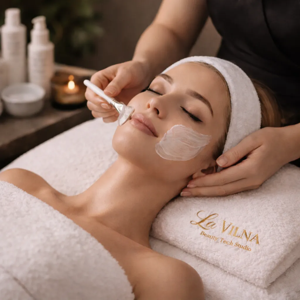 A facial in progress, with a La Vilna branded towel beneath the client's head